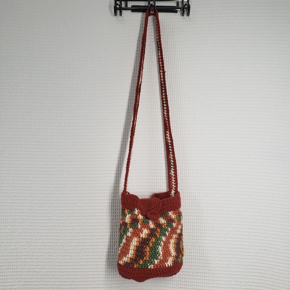 Striped Crochet Crossbody Bucket Bag Brown Small Shoulder Handmade Fairy Fall